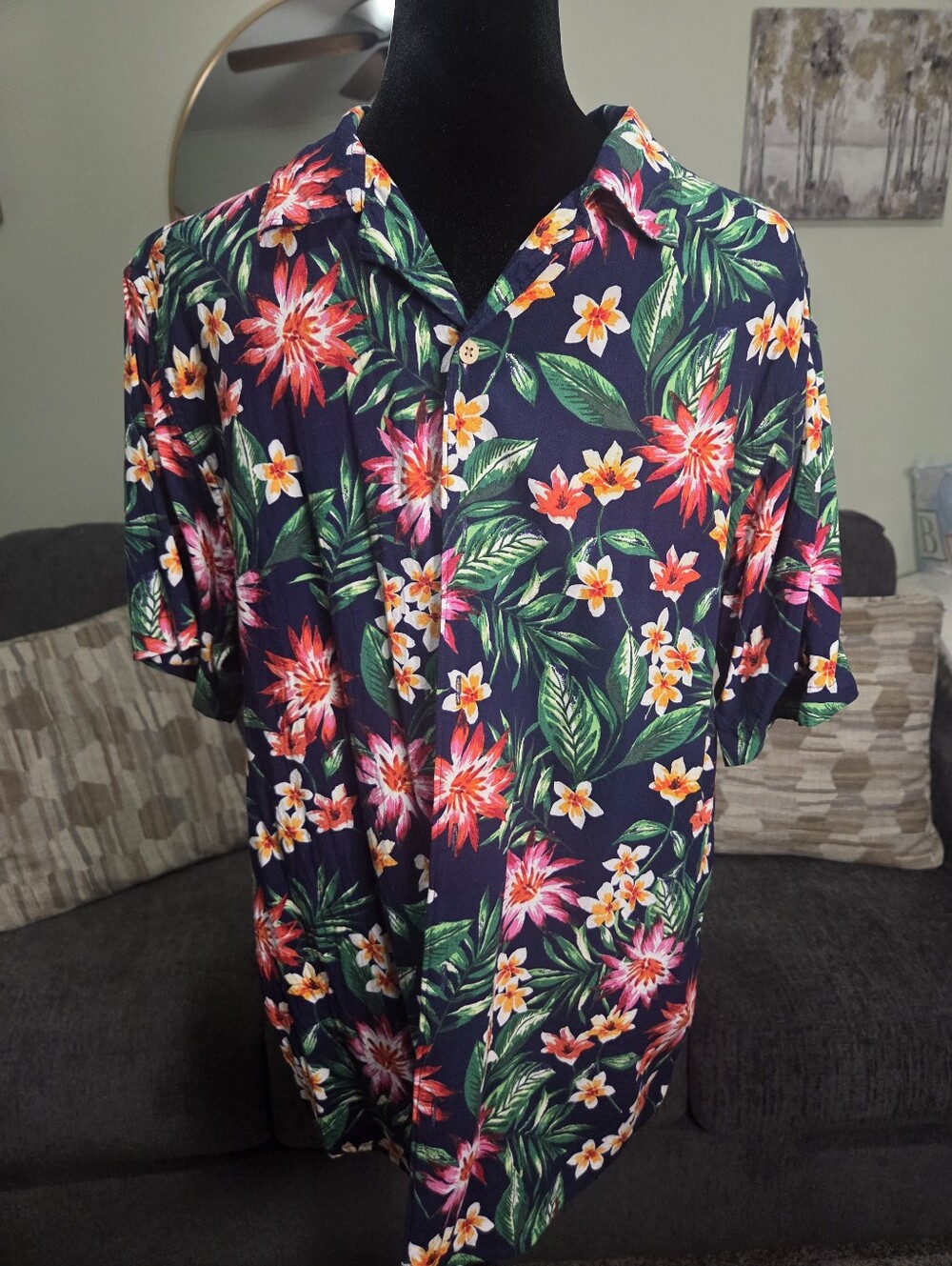 C&C California Navy Tropical Floral Button-Down Shirt with Pink & Green